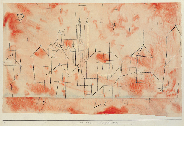 Paul Klee, Stadt mit gotischem Münster, 1925, disegno a ricalco a olio e acquerello su carta su cartoncino, 27×40 cm., Musei Vaticani, Città del Vaticano