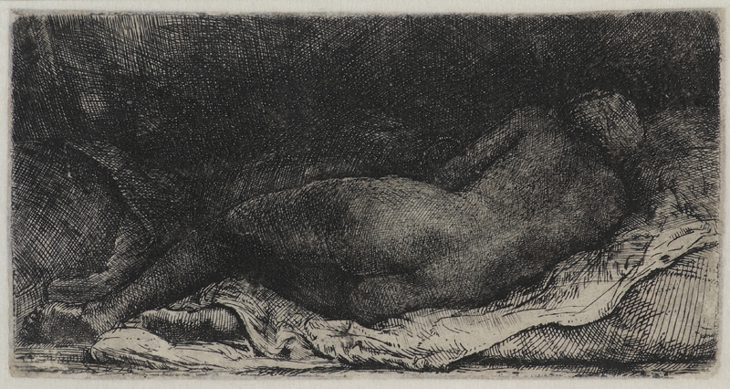 Rembrandt van Rijn – Nudo femminile disteso – La negra sdraiata, 1658 – acquaforte con bulino e puntasecca su rame 80×157 mm – Casa Morandi Bologna