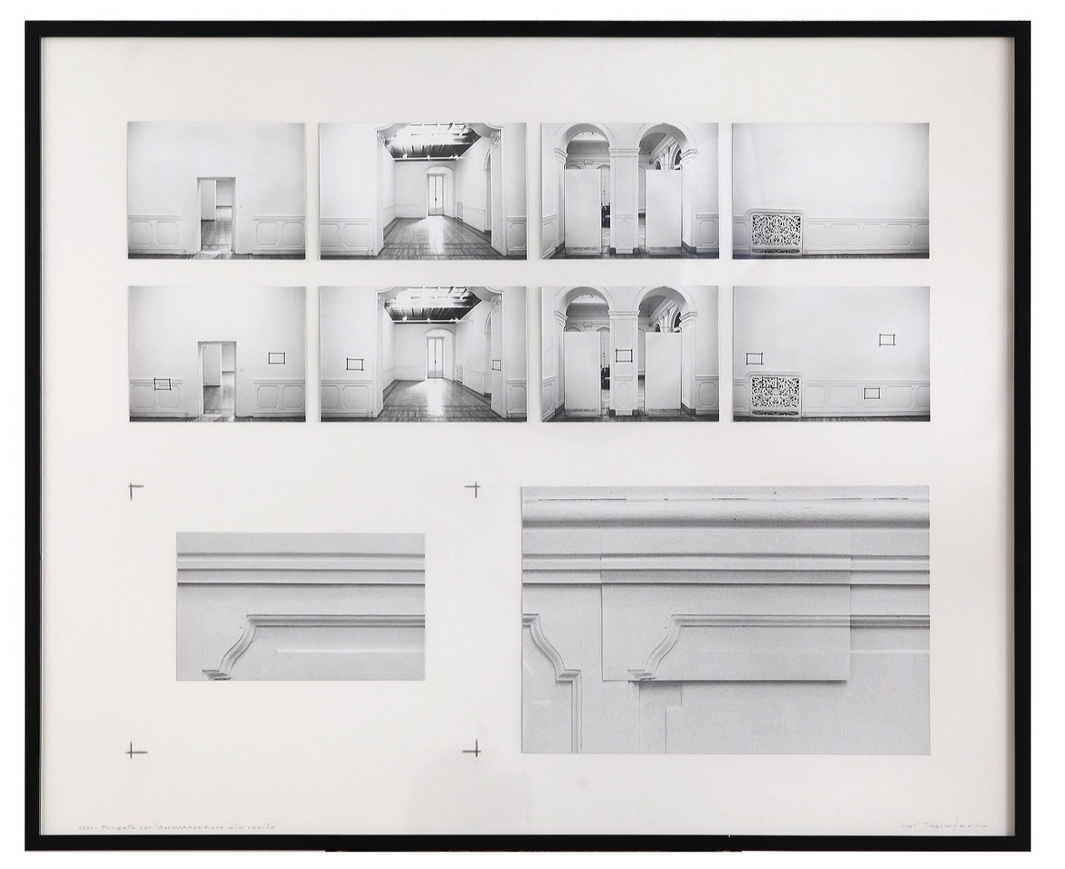 Aldo Tagliaferro, Progetto per la sovrapposizione alla realtà, 1973, fotografie applicate su cartoncino, cm. 80 x 90, Courtesy Osart Gallery, Milano, Ph: Bruno Bani