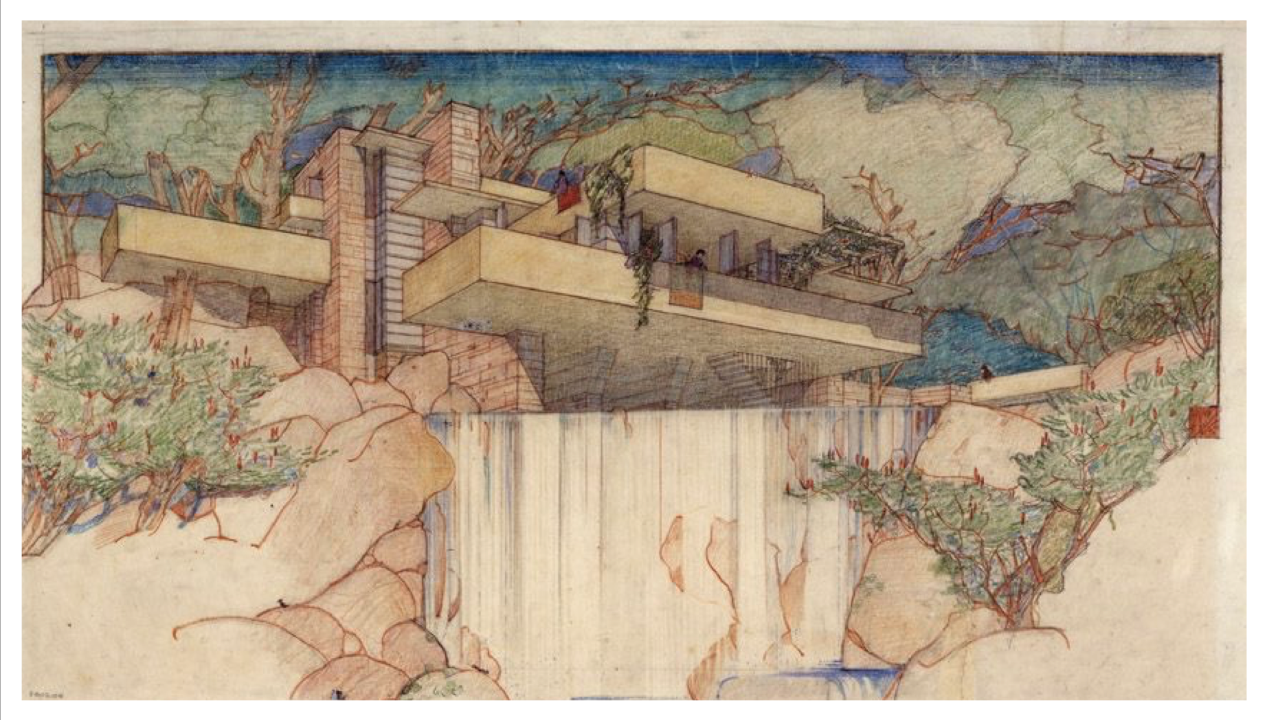 Frank Lloyd Wright, Fallingwater (Kaufmann House), 1934–37. Perspective from south.