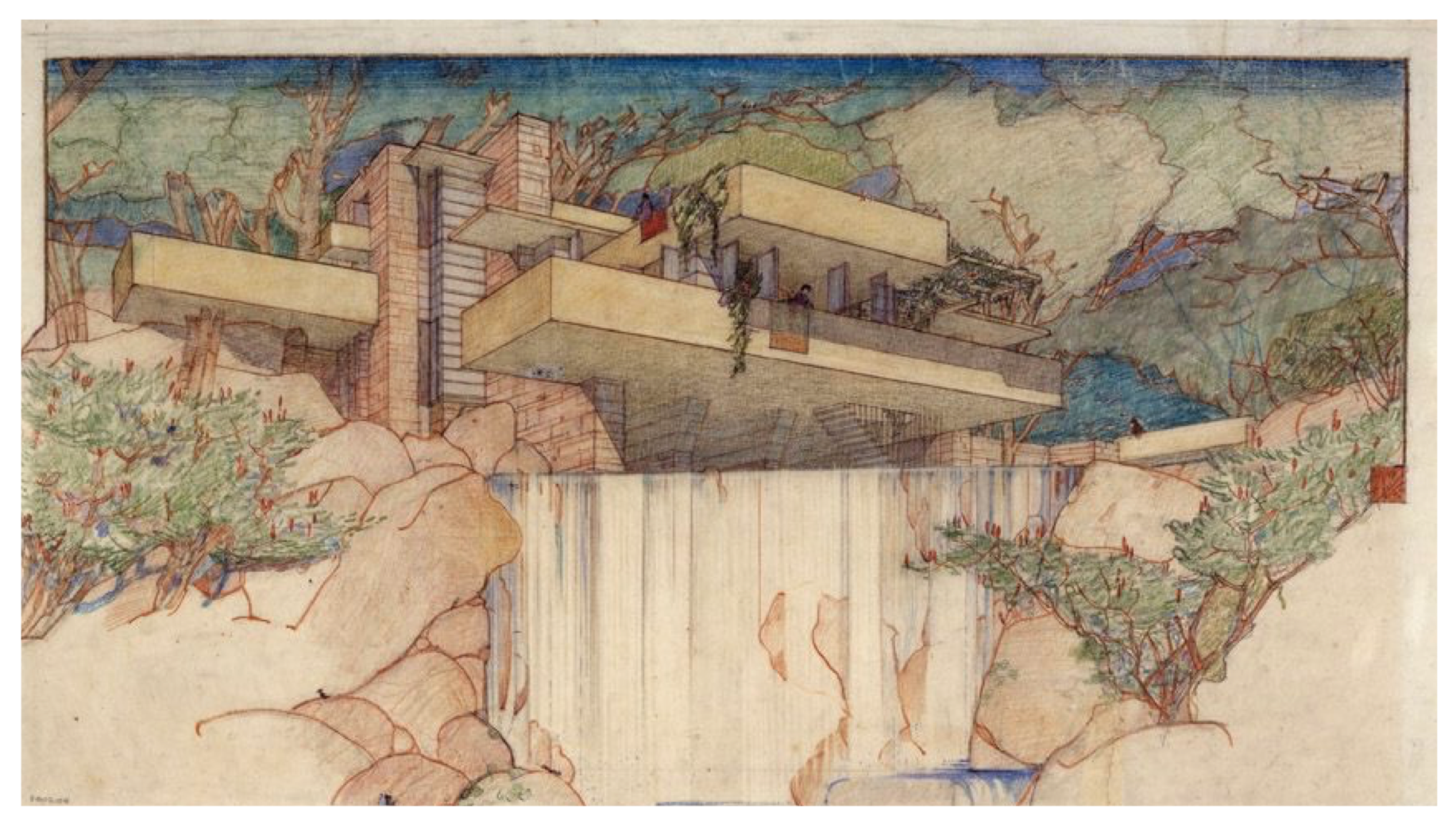 Frank Lloyd Wright, Fallingwater (Kaufmann House), 1934–37. Perspective from south.